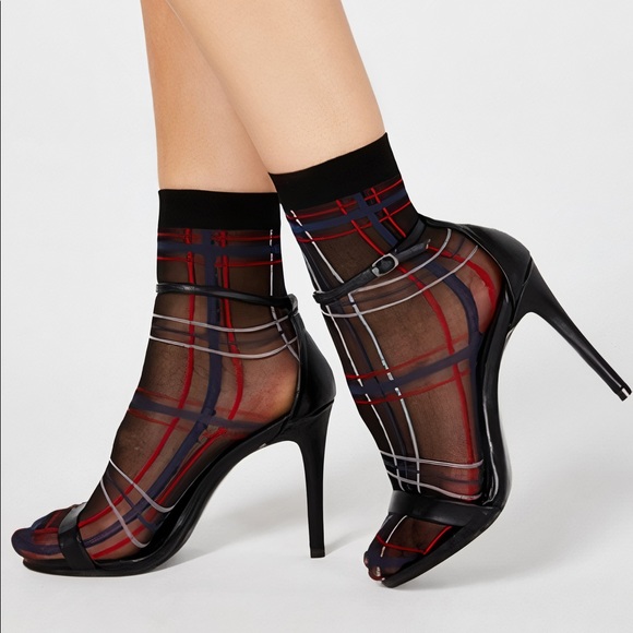 Inc Sheer Plaid Anklet Socks, Black Plaid (Black, One Size Fits Most) - Picture 3 of 8